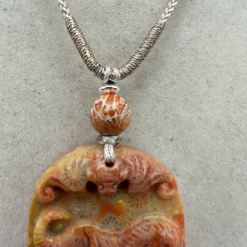Coral Fossil Bull Pendant Necklace Silver Accent Adjustable Rope - Picture 7 of 9